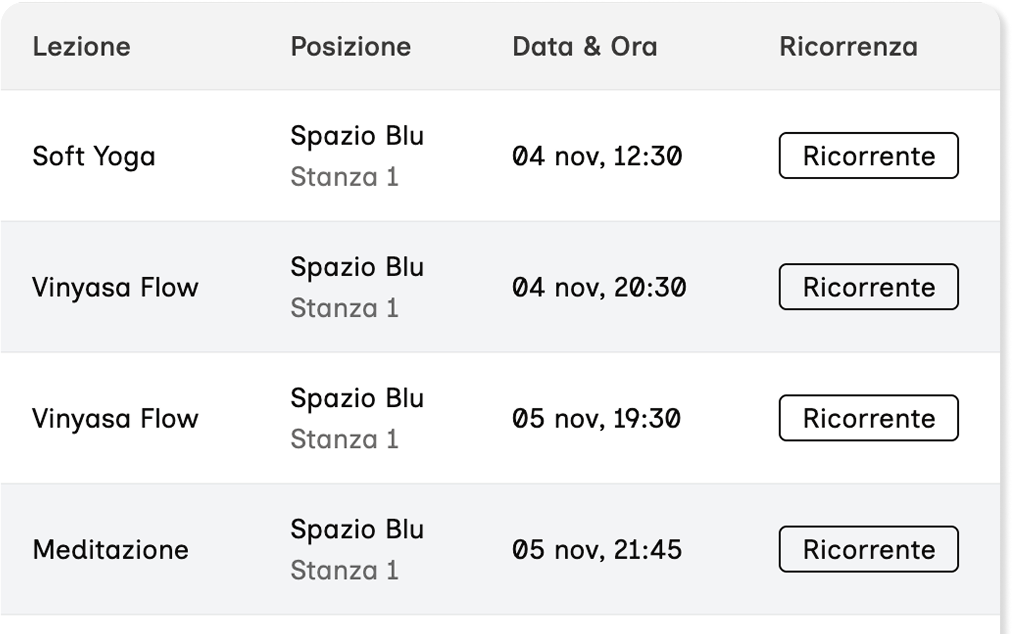 Screenshot gestione lezioni EasyYogi
