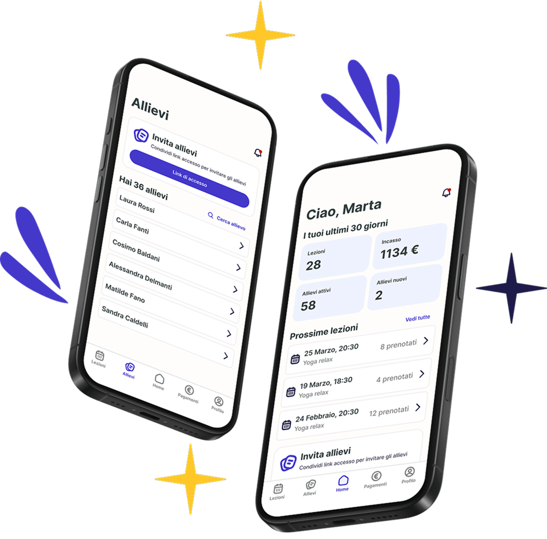 app EasyYogi con schermate della pagina allievi e dashboard